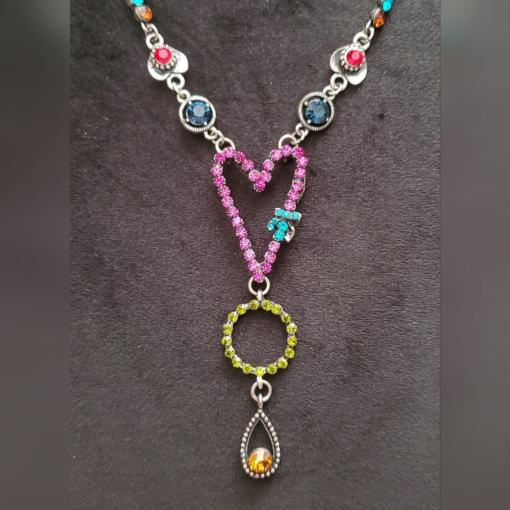 HEART Necklace 16" Chain Rhinestones Silver-tone